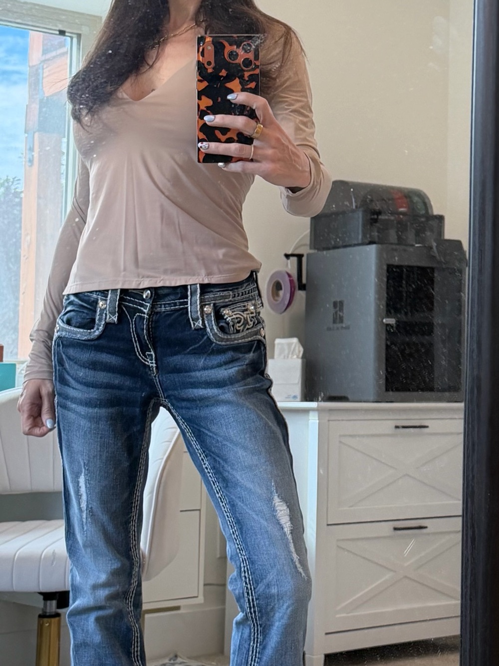 Rock Revival Dark Boot Cut Distressed Jeans with Crystal Thick Stitch, Size 26